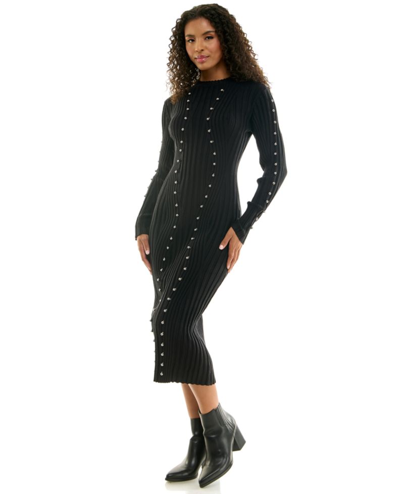 Juniors' Long Sleeve Metal Bead Ring Trim Mock Neck Midi Sweater Dress