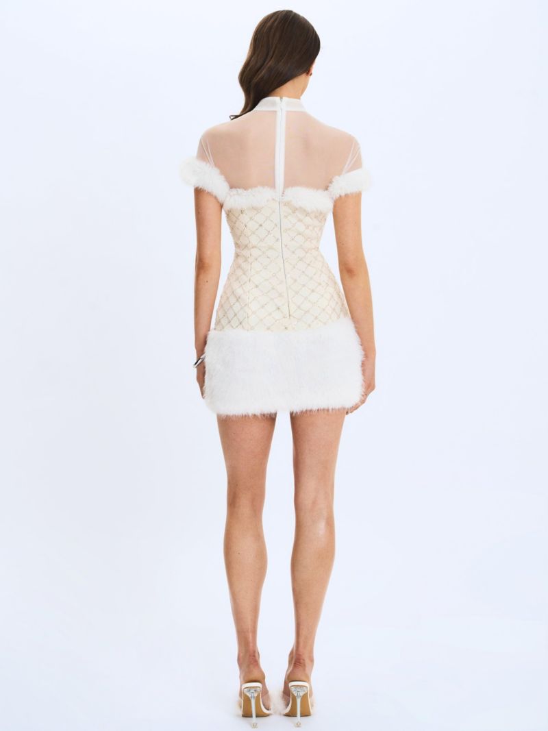 Women's Taylor Ivory Fur Trimmed Beaded Boucle Mini Dress