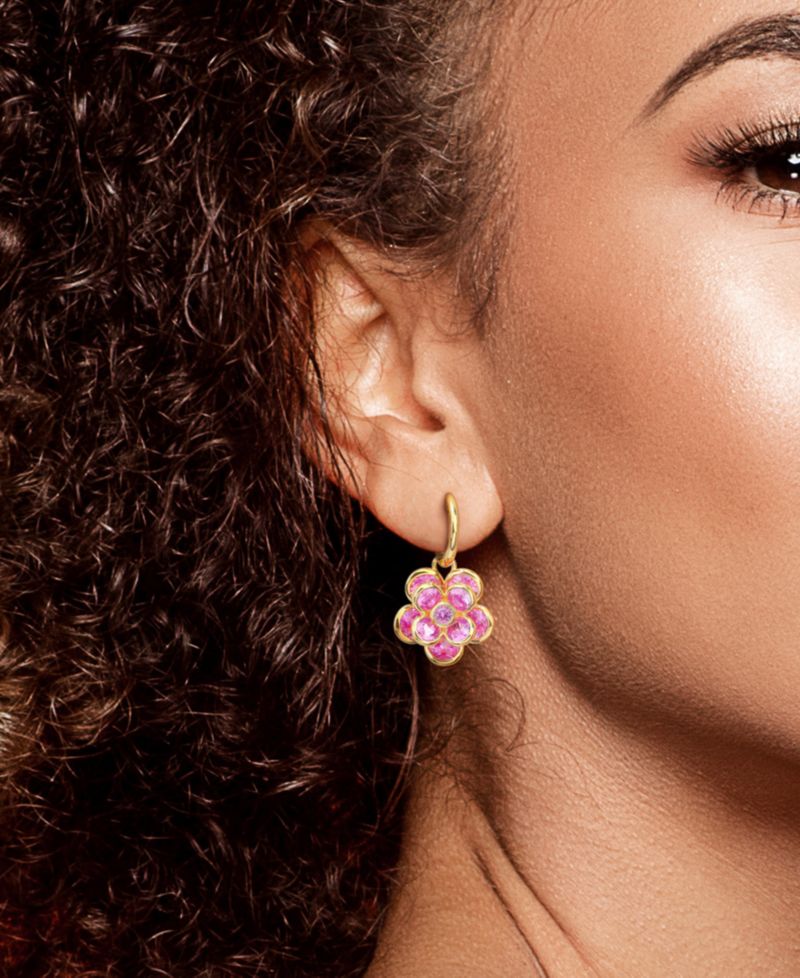 Lab Created Pink Sapphire Flower Charm Hoop Earrings (7-1/2 ct. t.w.) in 18k Gold-Flash Over Silver