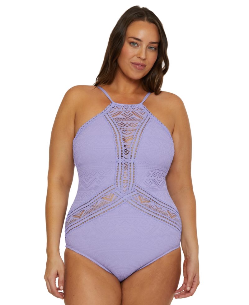 Plus Size Color Play Crocheted High Neck One-Piece Swimsuit
