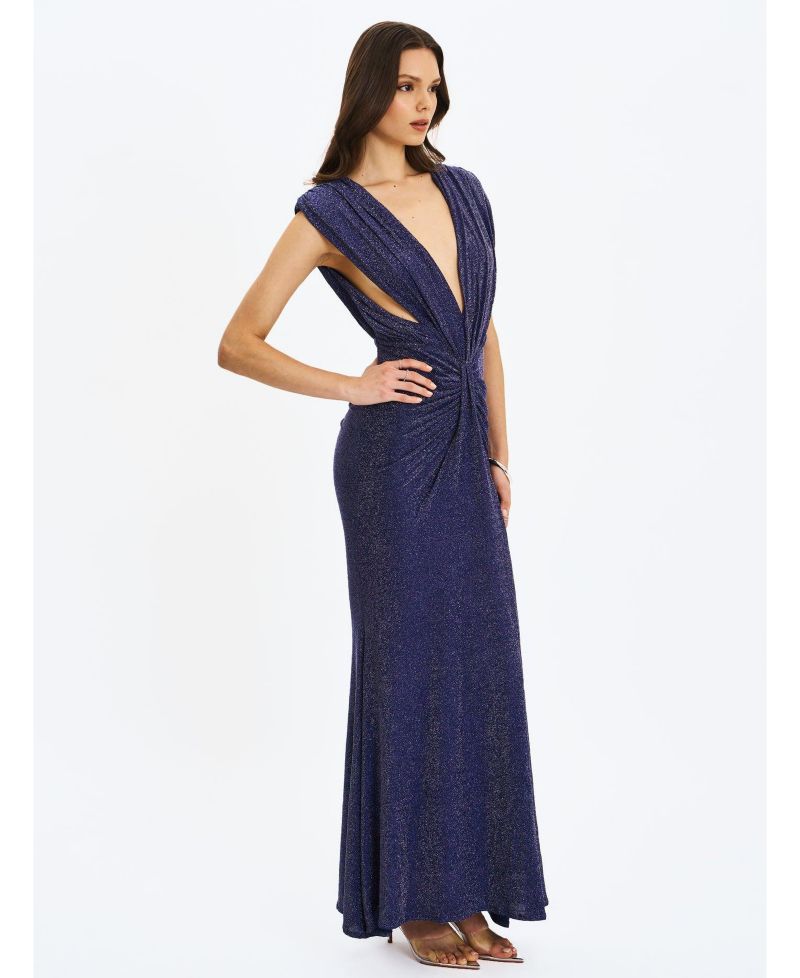 Women's Terri Navy Sparkle Plunging Backless Maxi Dress