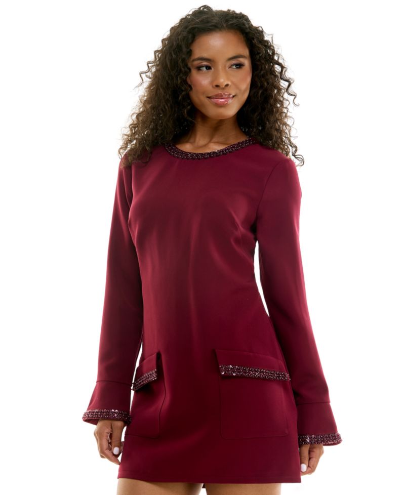 Juniors' Long Bell-Sleeve Sequin Dress