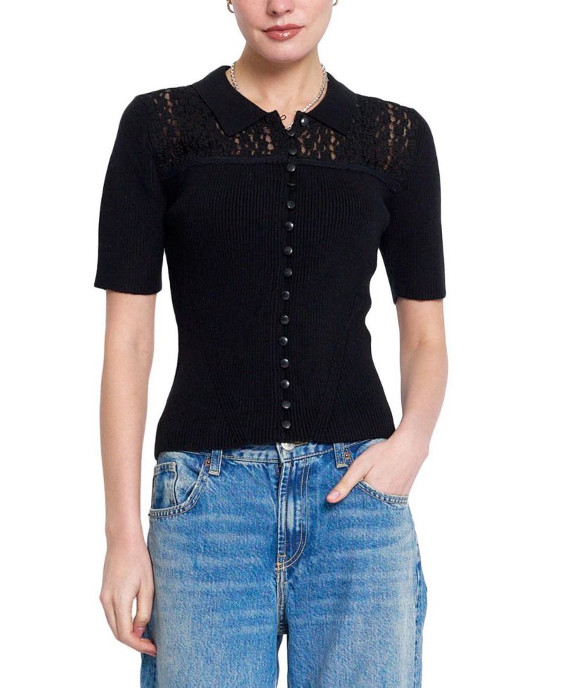 Women's Lace Short-Sleeve Button-Up Sweater