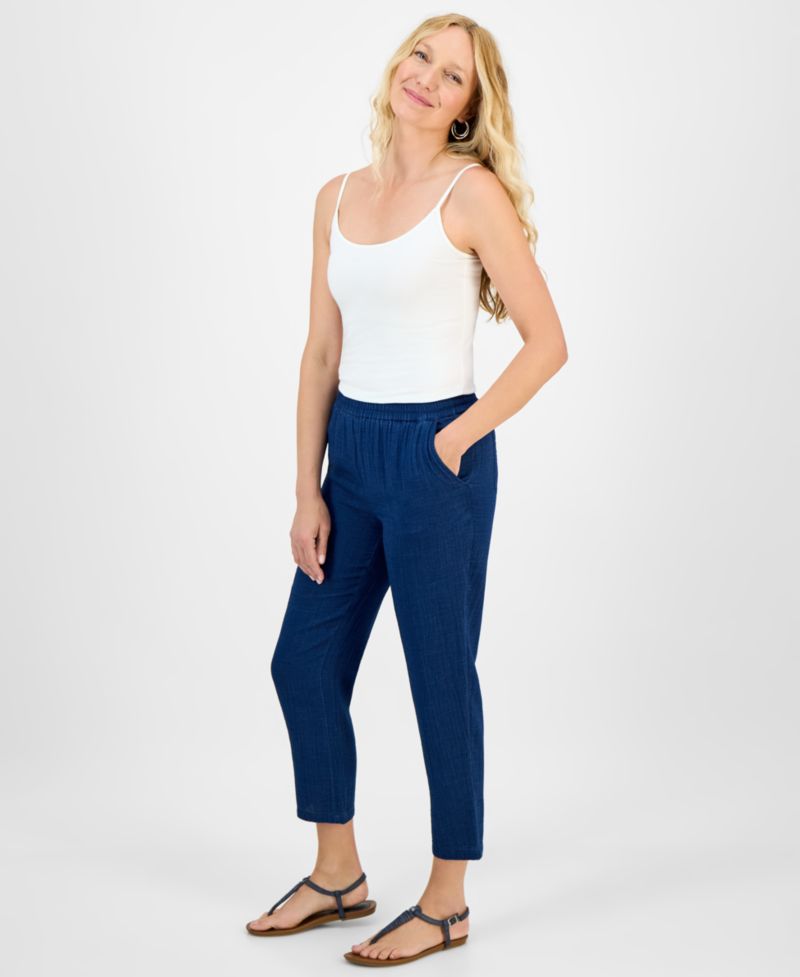 Petite Cotton Indigo Gauze Mid-Rise Pull-On Pants