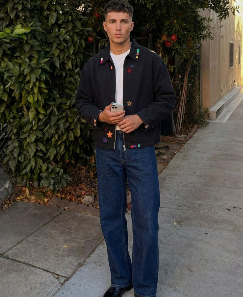 Men's Embroidered Contrast-Trim Zip-Front Jacket