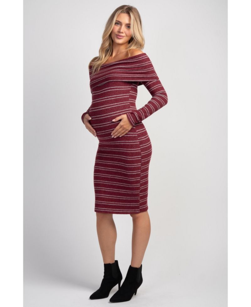 Maternity Off-the-Shoulder Bodycon Striped Sweater Dress