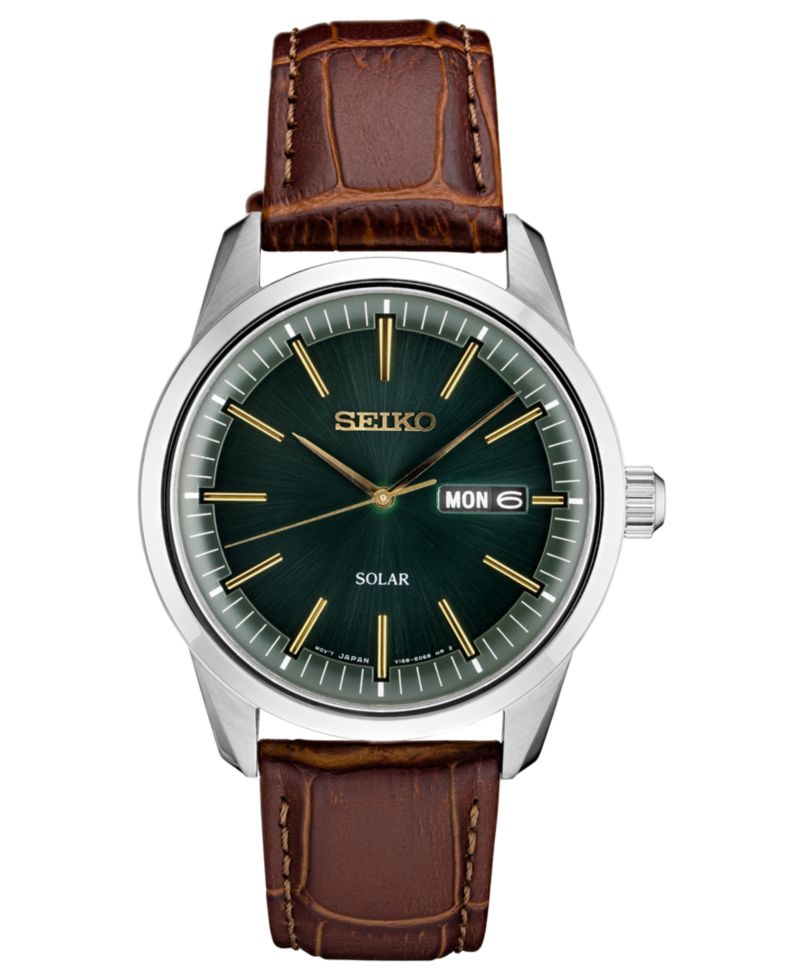Men's Solar Essentials Brown Leather Strap Watch 40mm