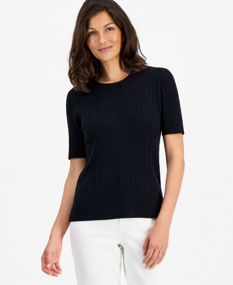 Petite Cable-Knit Short-Sleeve Sweater
