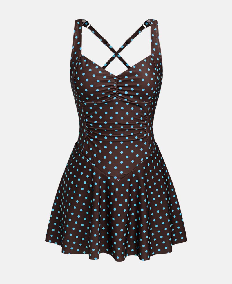 Women's Polka Dot Plunge Swim Dress with Criss-Cross Back