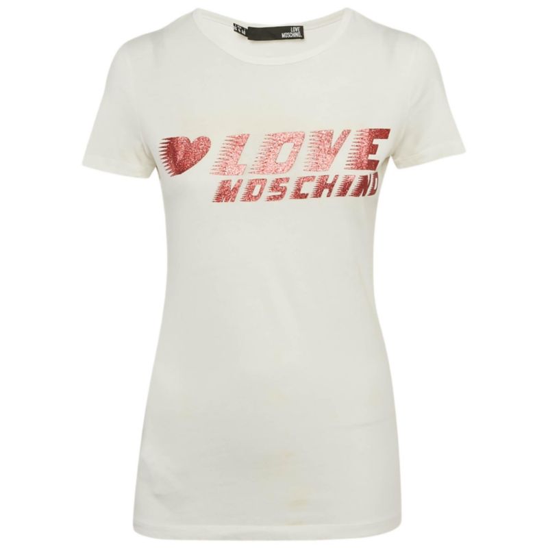 Women's White Glitter Logo Printed Cotton Knit T-Shirt