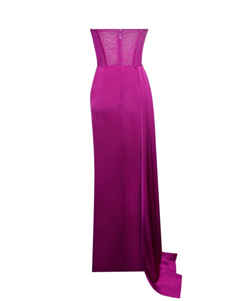 Women Holly Fuchsia Crystallized Corset High Slit Satin Gown