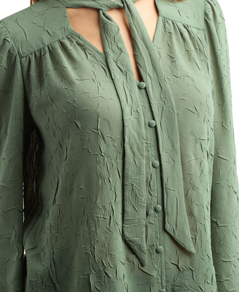 Juniors' Crinkle Button-Front V-Neck Long-Sleeve Blouse