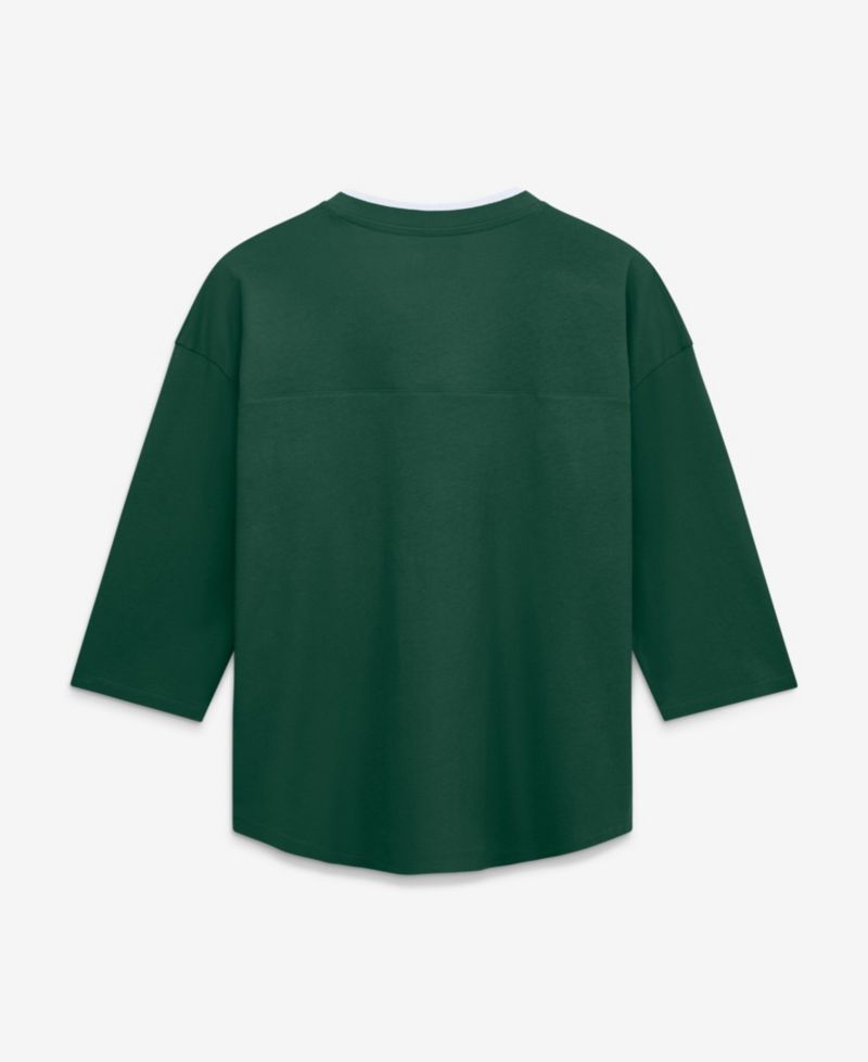 Women's Green Bay Packers Team First Deceptive Juke 3/4-Sleeve V-Neck Oversized Chest Graphic T-Shirt