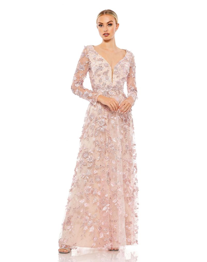 Women's Floral Applique Long Sleeve Illusion Gown