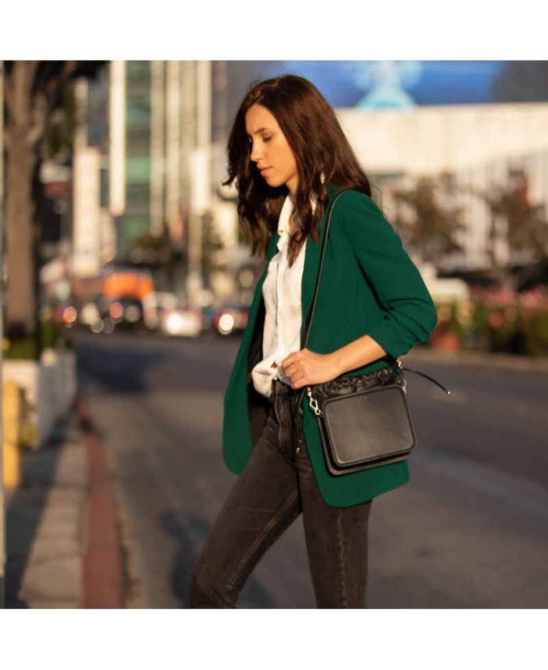Black Leather Bucket Bag Medium Size Purse for Women with Drawstring Closure