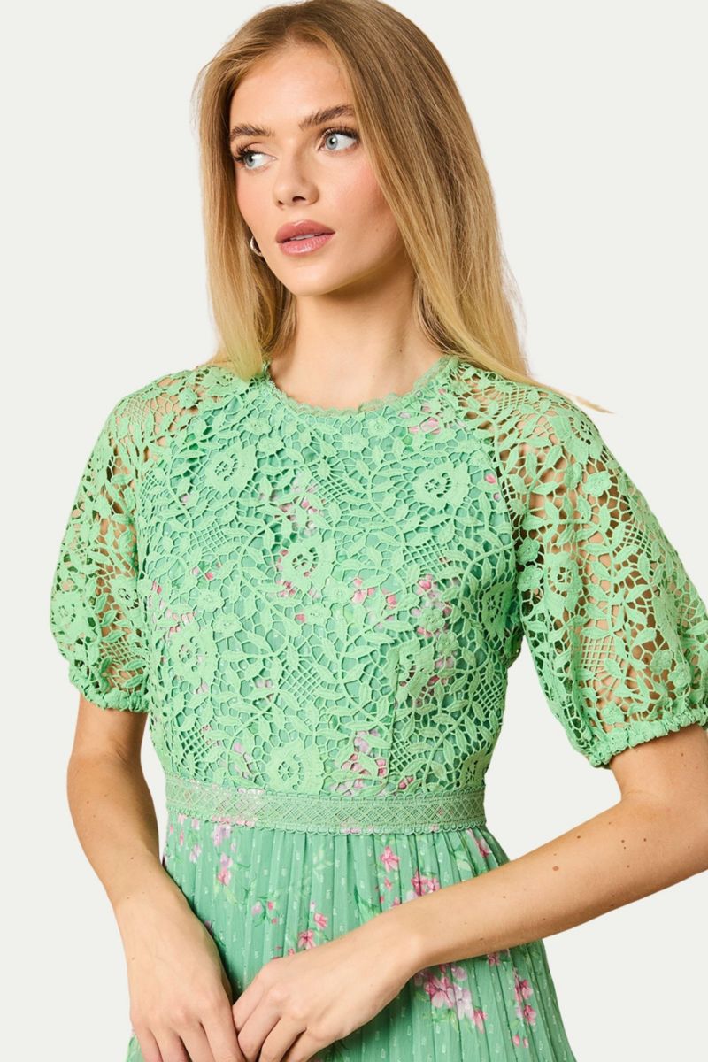 Women's Floral Lace Bodice Pleated Midi Dress