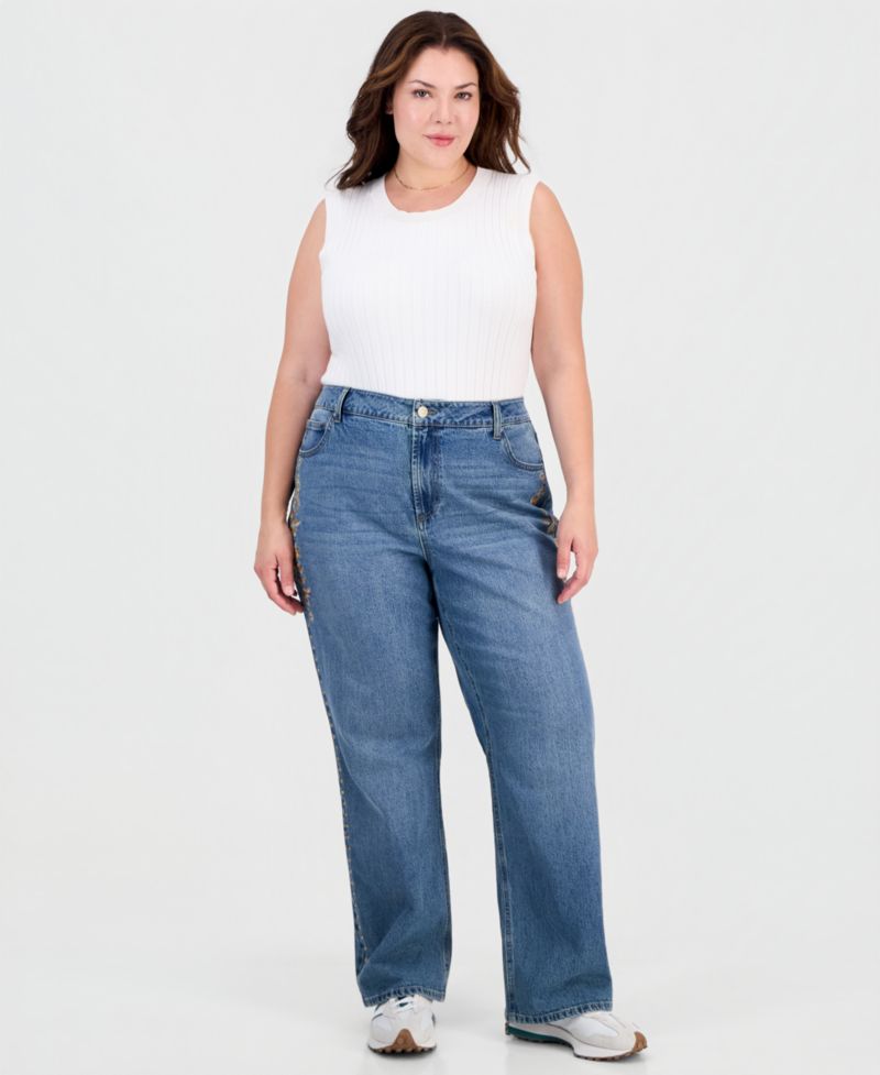 Trendy Plus Size Embroidered Studded Jeans