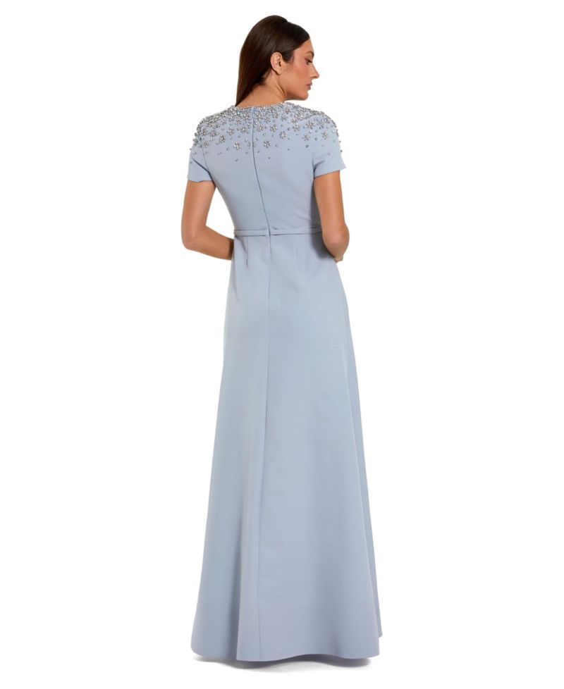 Women's Crystal Embellished Short Sleeve Crepe Gown