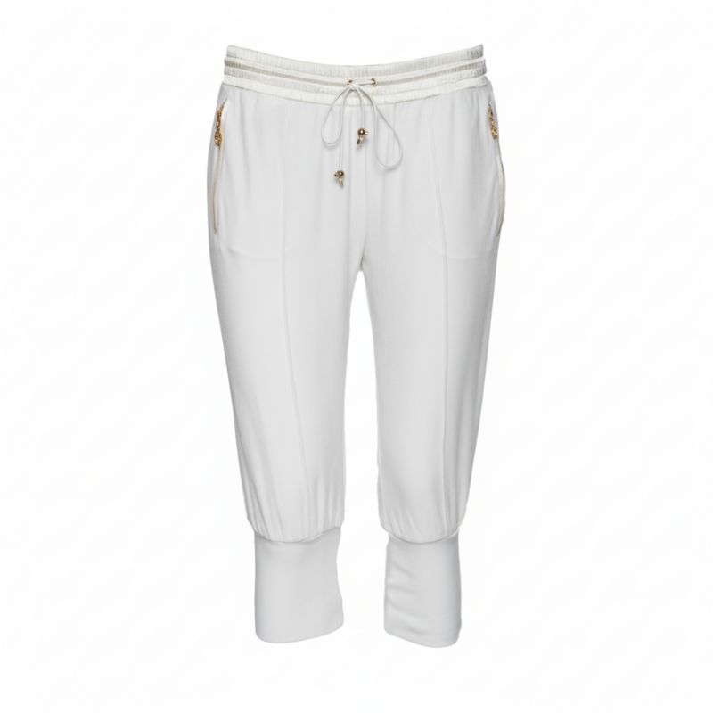 Women's White Cotton Rib Knit Detailed Cropped Joggers