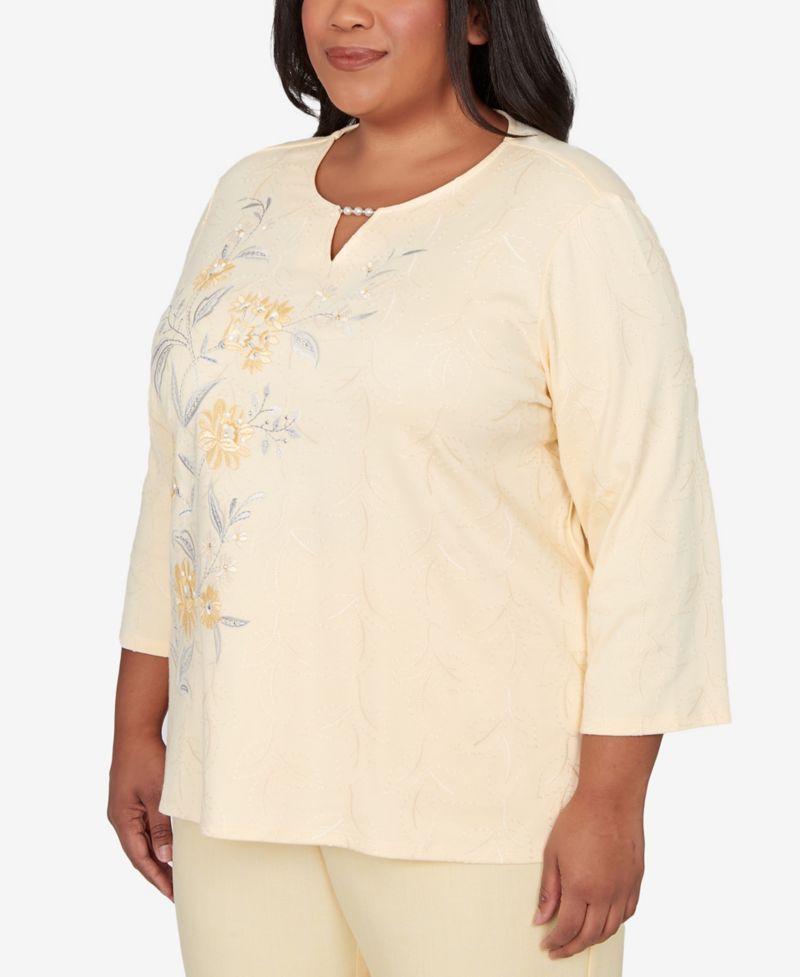 Plus Size Al Fresco Asymmetrical Floral Embroidered Textured Top