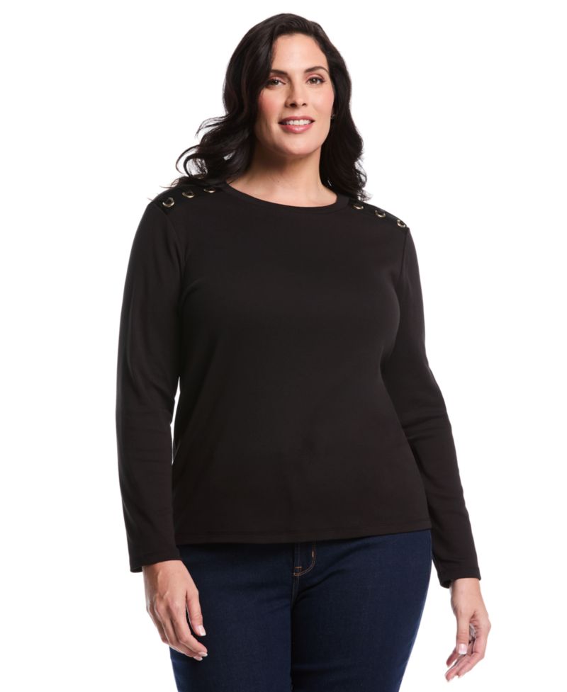 Plus Size Laced Crew Neck Long Sleeve Top