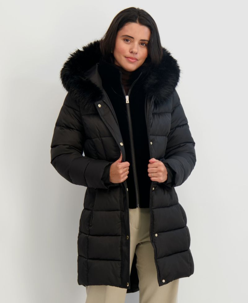 Womens Velvet Bibbed Faux-Fur Hooded Puffer Coat