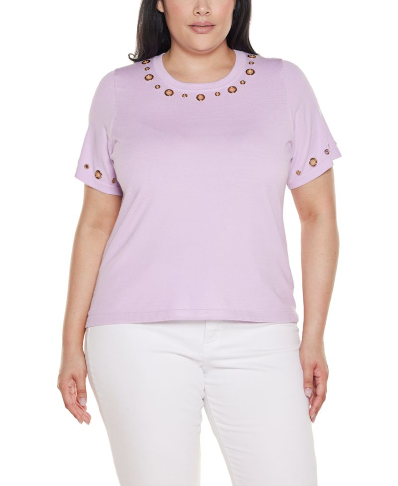 Plus Size Grommet-Detail Crew-Neck Sweater