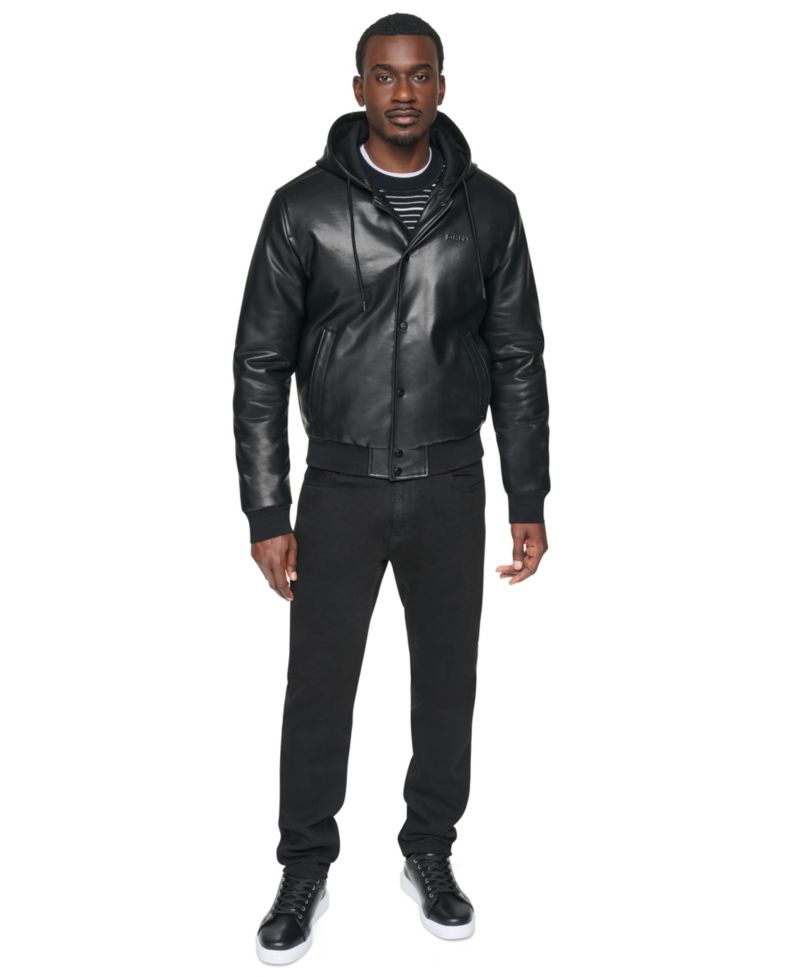Men's Hooded Faux Leather Bomber Jacket