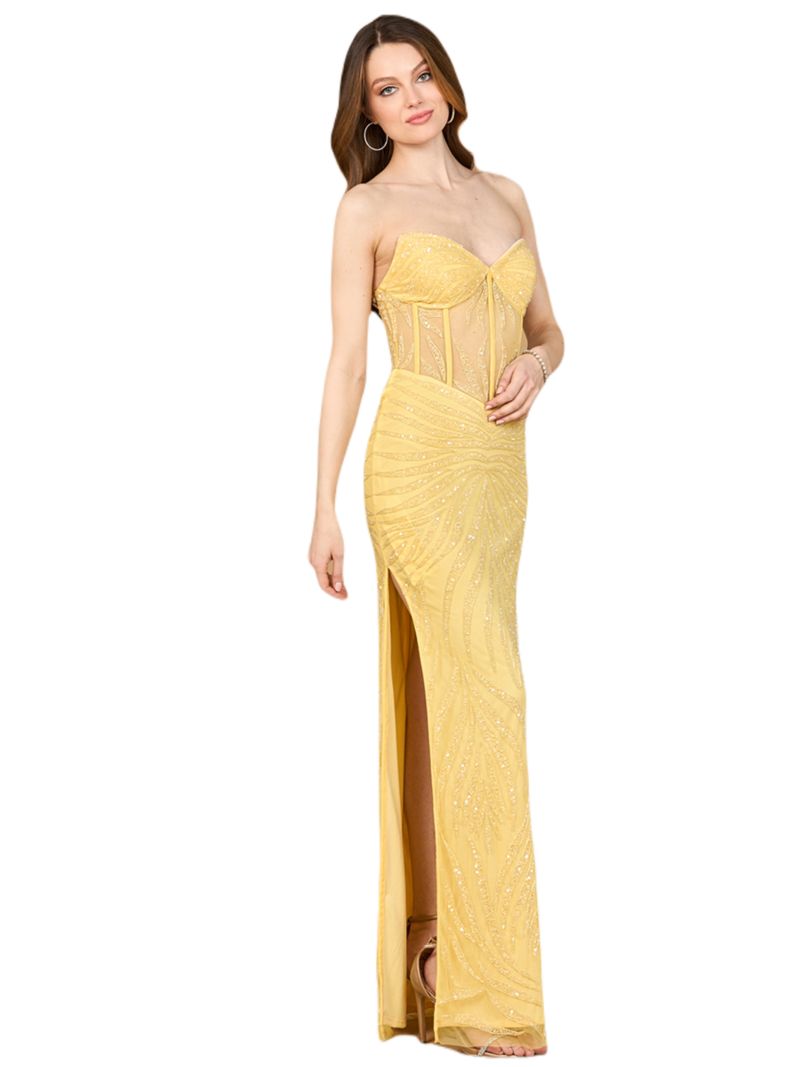 Women's Beaded Corset Prom Dress with Slit