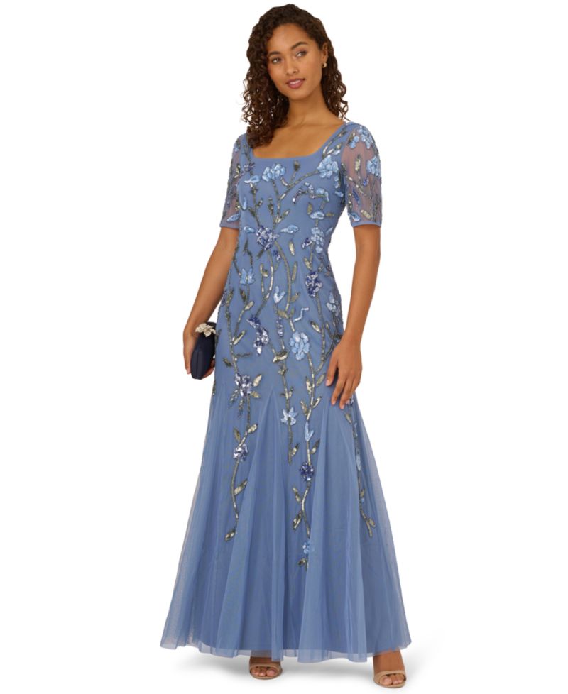 Women's Square-Neck Beaded Mesh Gown