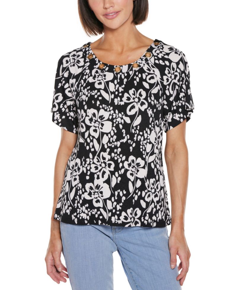 Women's Grommet Detail Floral Short Sleeve Knit Top