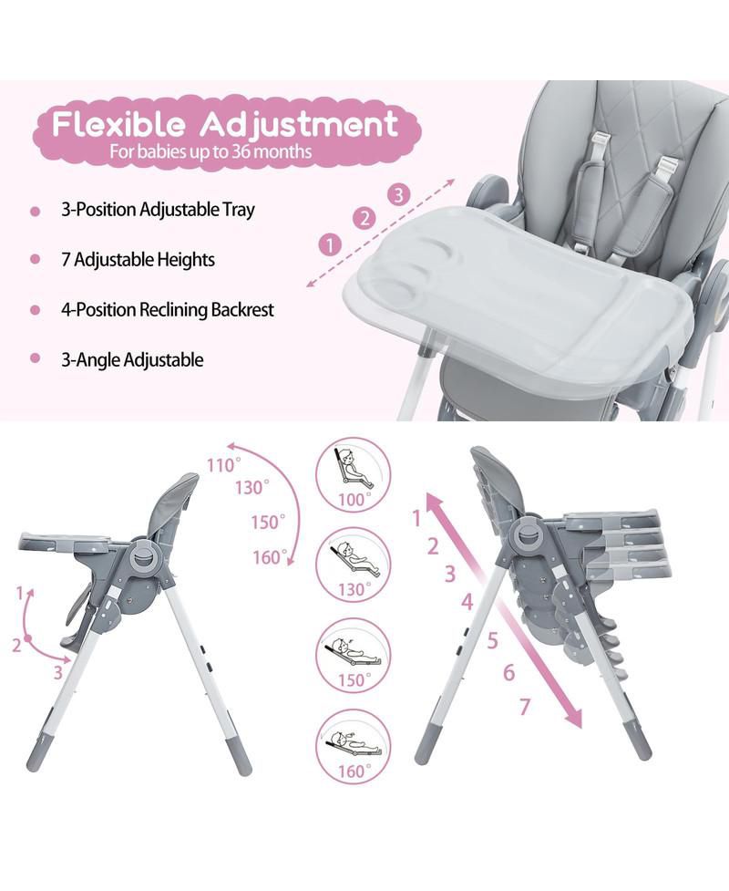 1 Pc Foldable with Removable Tray, Adjustable Height & Recline Easy-Clean Baby High Chair