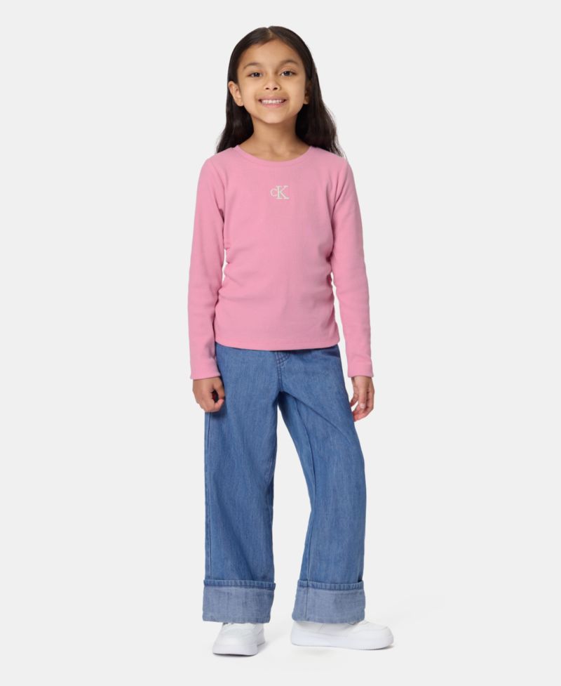 Toddler Girls' 2T-6X Monogram Ribbed Long-Sleeve Top and Wide-Leg Denim Pants, 2-Piece Set