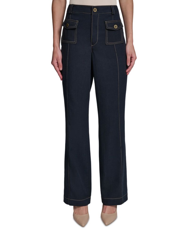 Women's Front Pockets Mid-Rise Straight Long Pants