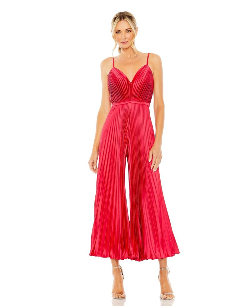 Women's Cropped Pleated V-Neck Wide Leg Jumpsuit