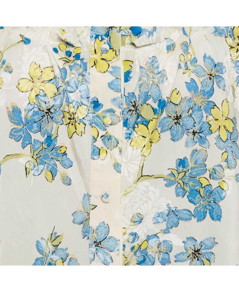 Women's White/blue Floral Print Silk Ruffled Blouse