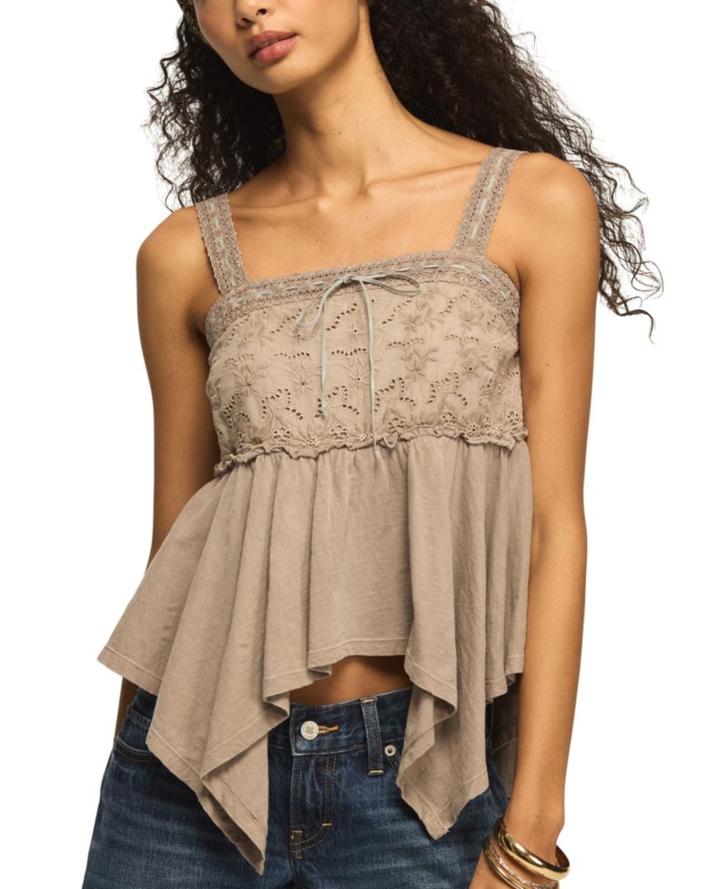 Women's Eyelet Yoke Square Neck Tank Top