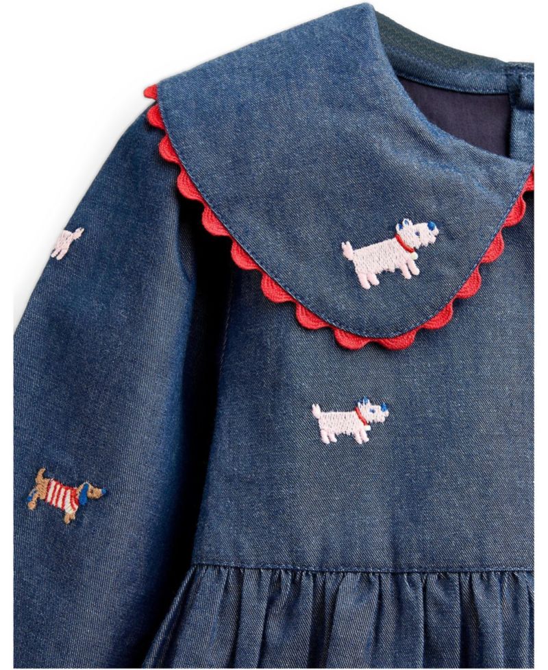 Girls' 4-16 Long-Sleeve Peter Pan Collar Embroidered Chambray Dress