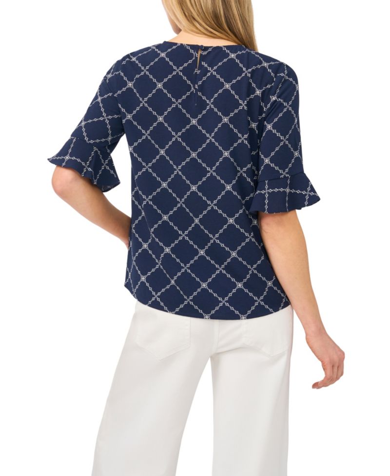Women's Print Crewneck 3/4-Sleeve Ruffled Cuff Blouse