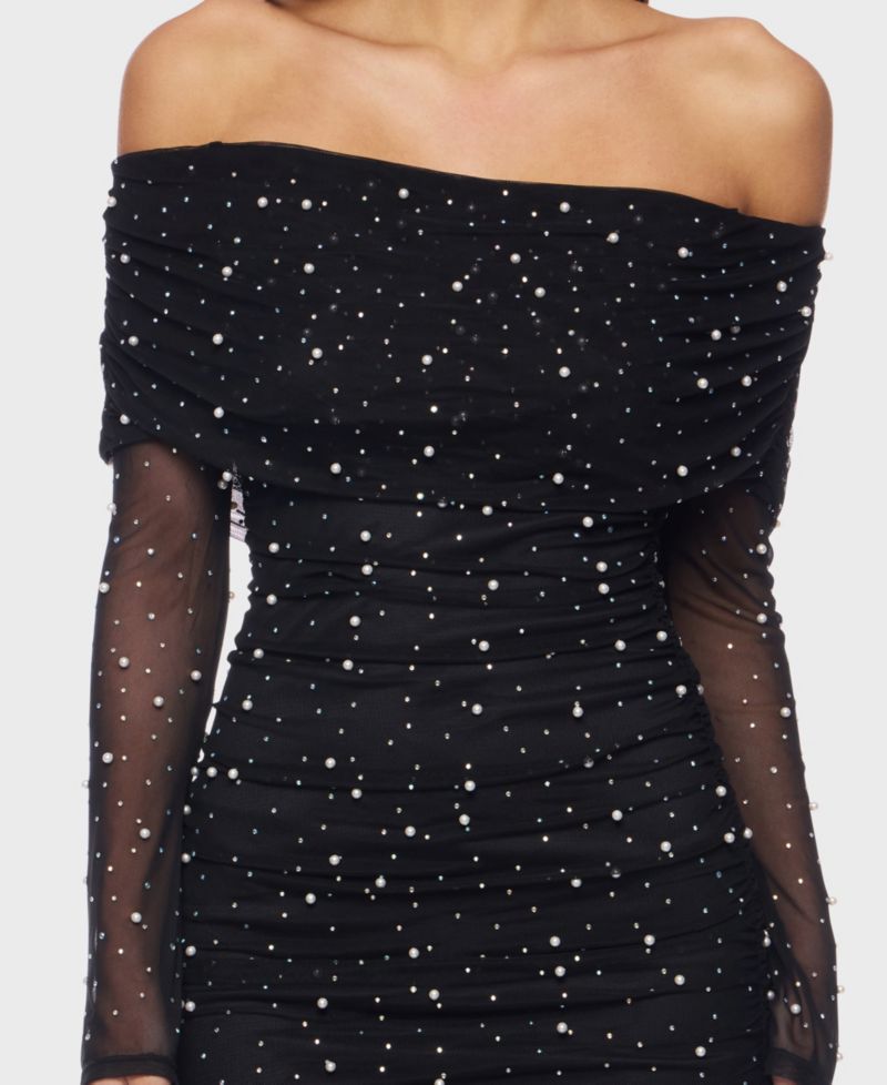 Juniors Off-the-Shoulder Short Dress with Long Sleeves and Pearl Detail