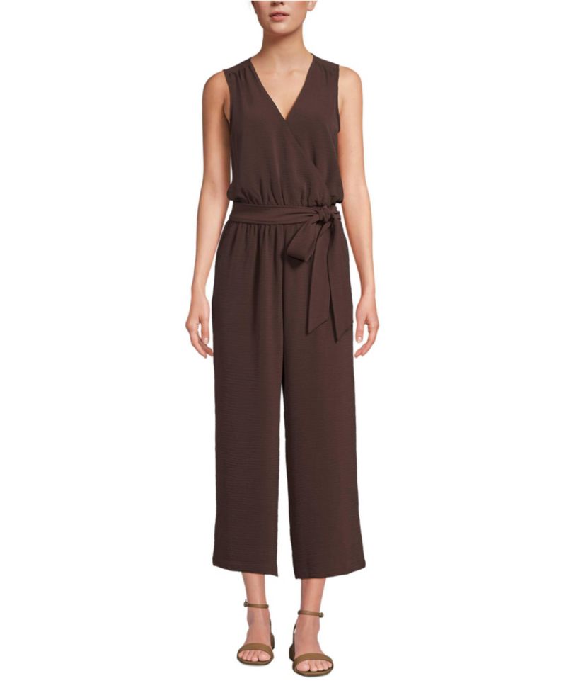 Petite Sleeveless Creaseless Wrap Jumpsuit with Smocked Waist
