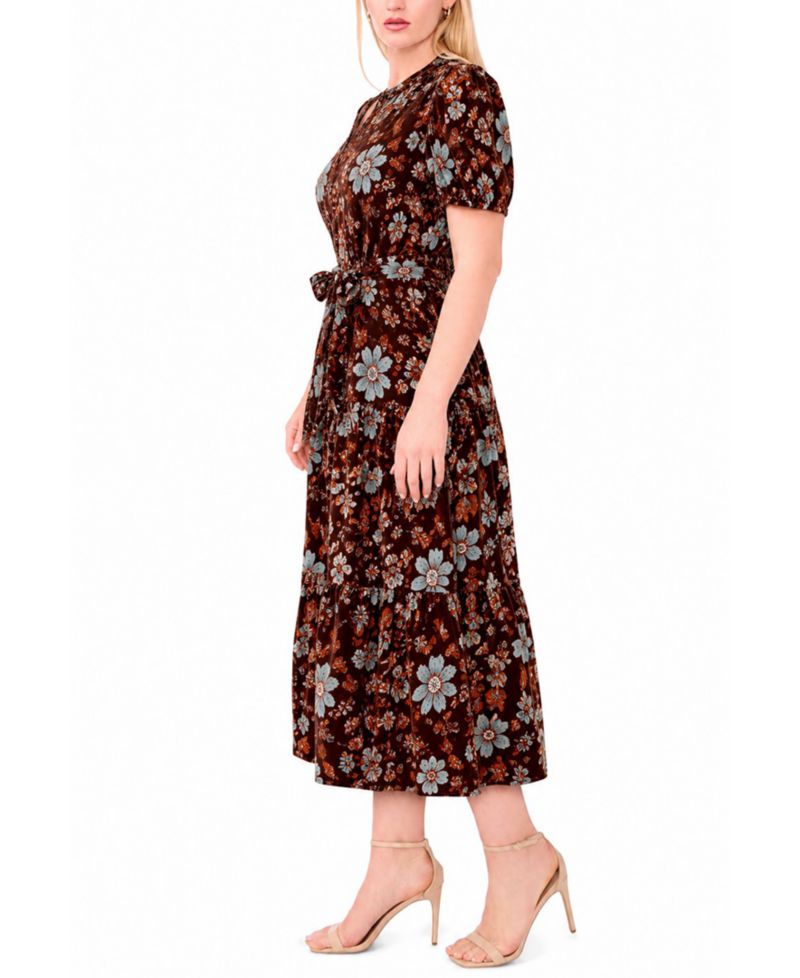 Plus Size Puff-Sleeve Belted Midi Dress