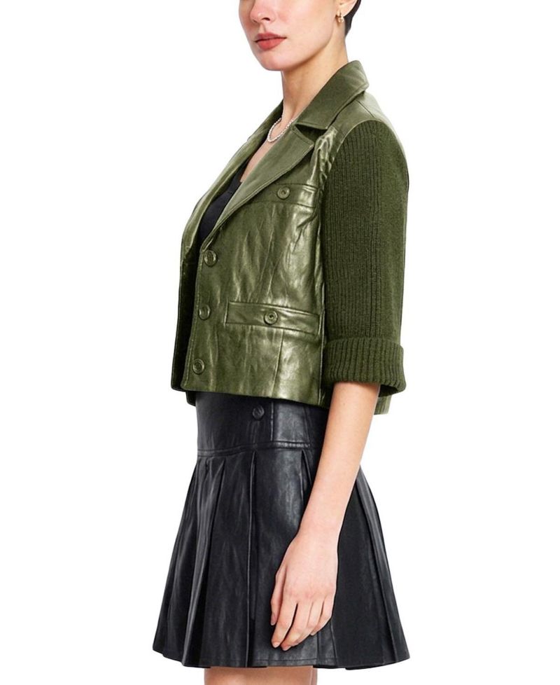Women's Quinn Faux-Leather with Knit Sleeves Cropped Jacket