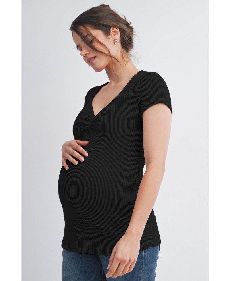 Maternity Ribbed Sweetheart Neck Short-Sleeve Top