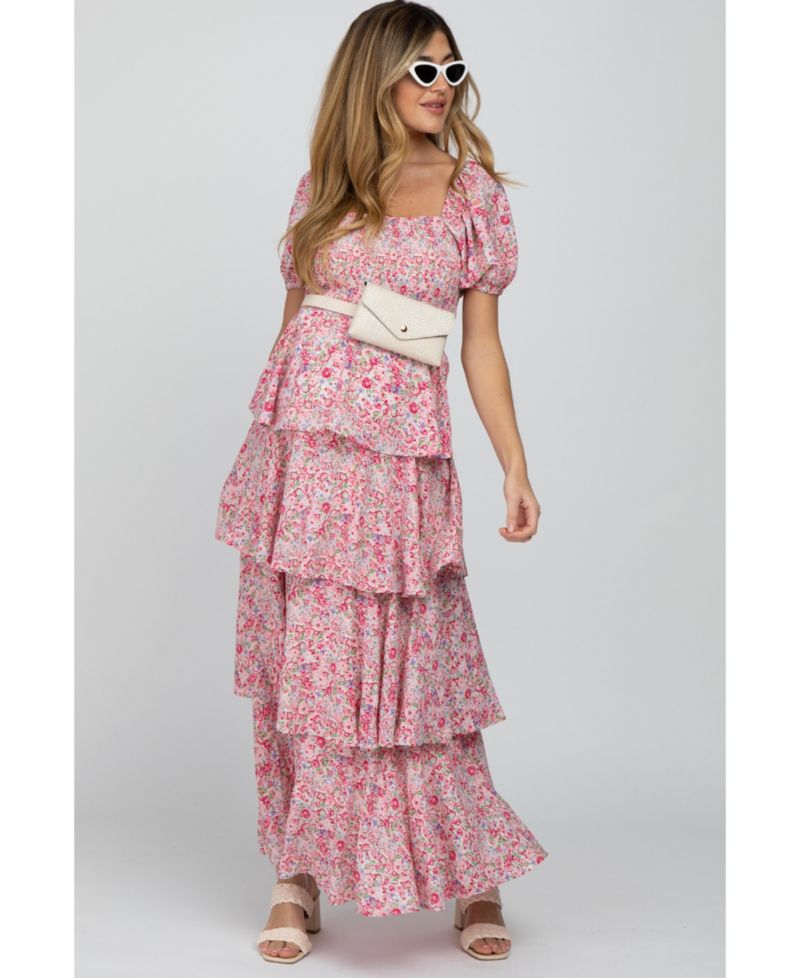 Women's Pink Floral Square Neck Ruffle Layered Maxi Dress