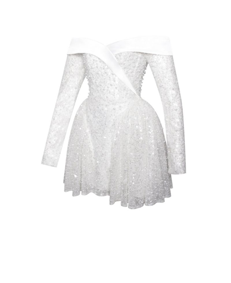 Women's Kira Bead Embroidered Mesh Off Shoulder Long Sleeve Mini Dress