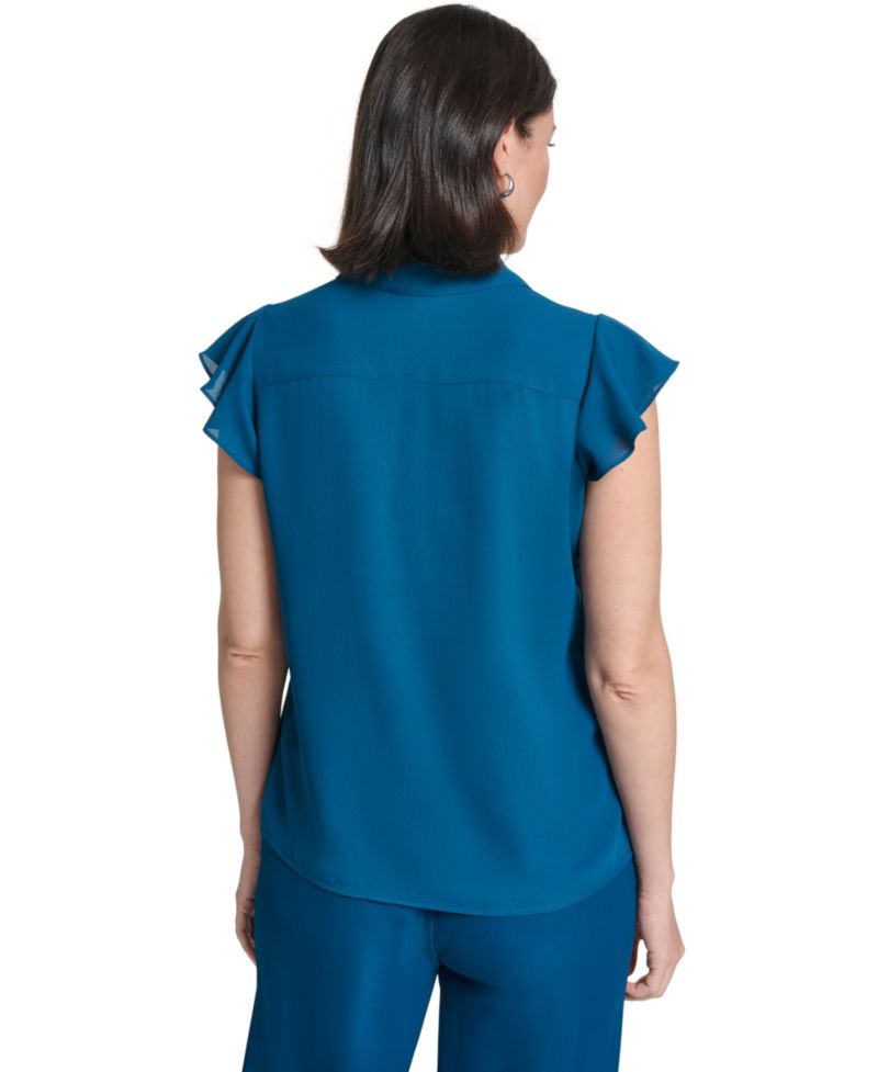 Women's Short-Sleeve Collared Ruffle-Front Blouse