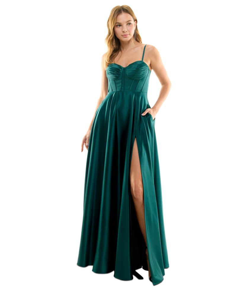 Juniors' Corset High-Slit Gown