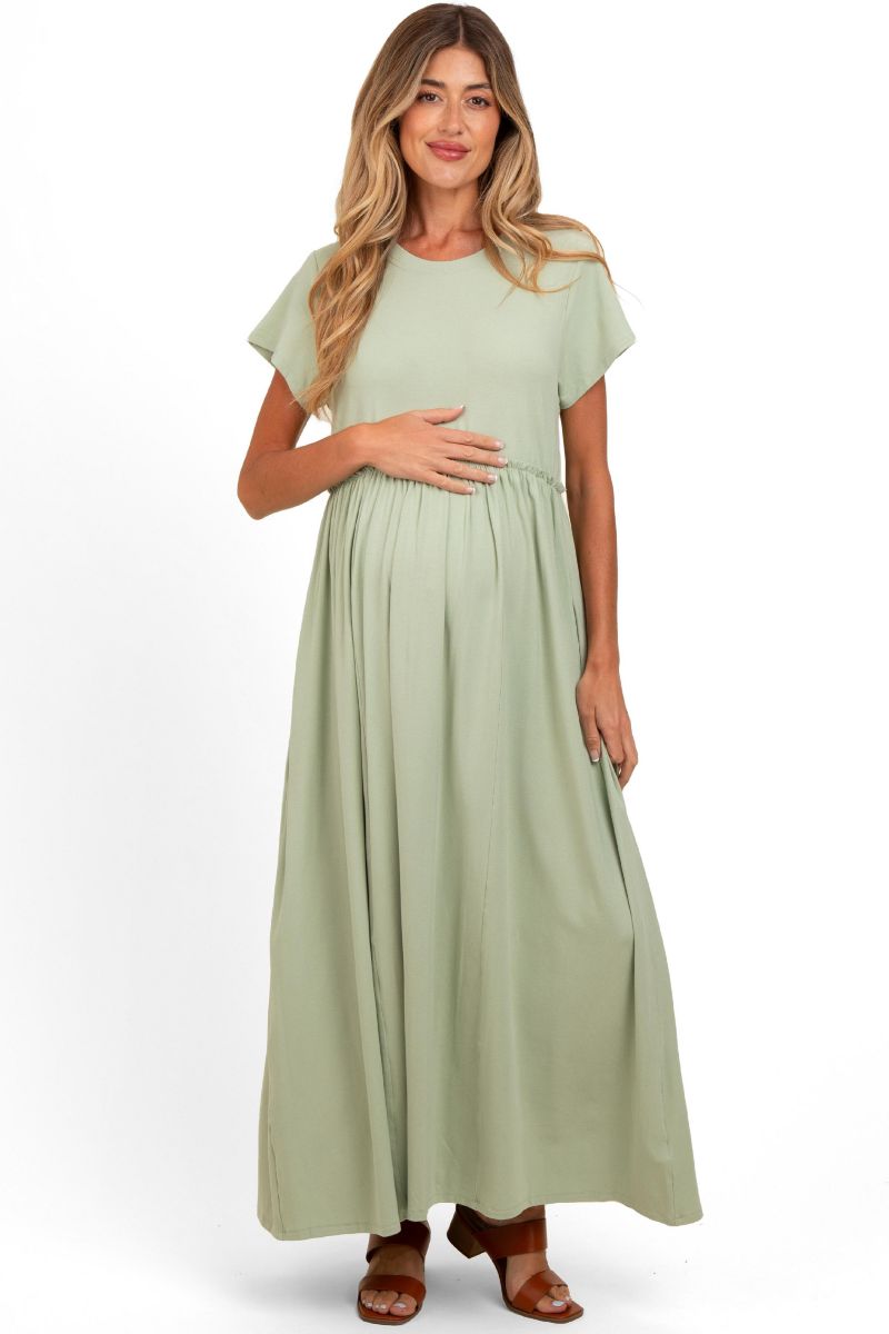 Women's Olive Ruffle Trim Maxi Dress