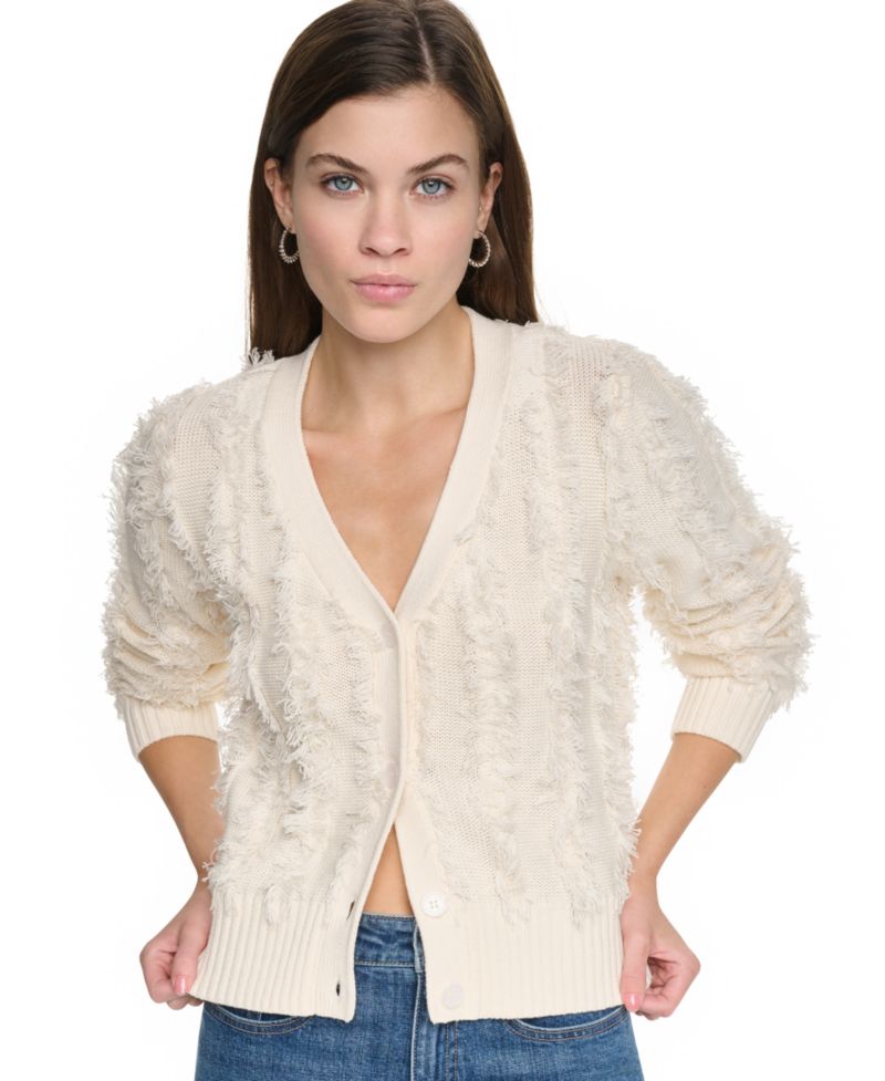Women's Long-Sleeve V-Neck Fringe-Stitch Cardigan